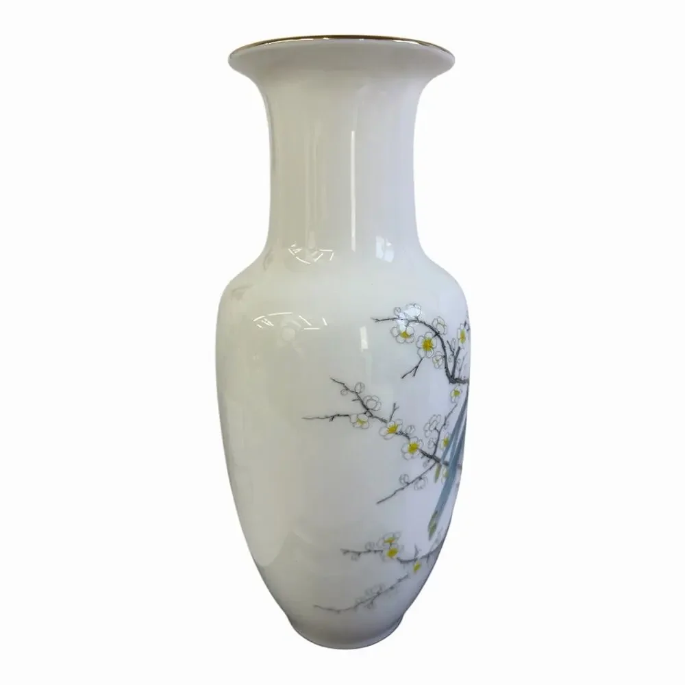 Vintage JAY White Porcelain Vase Fine China Handpainted Birds Gold Trim Japan